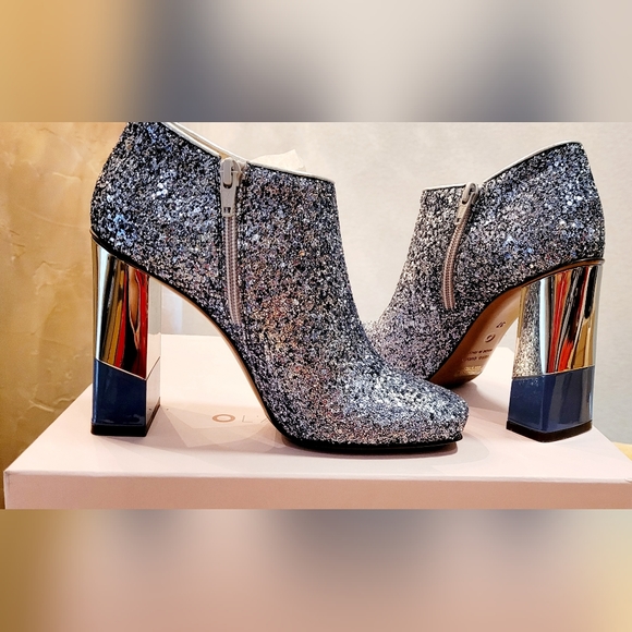 L'Autre Chose Sequin Glitter Ankle Boots, Mirror Chrome Two Toned Stacked  Heels - Picture 3 of 17